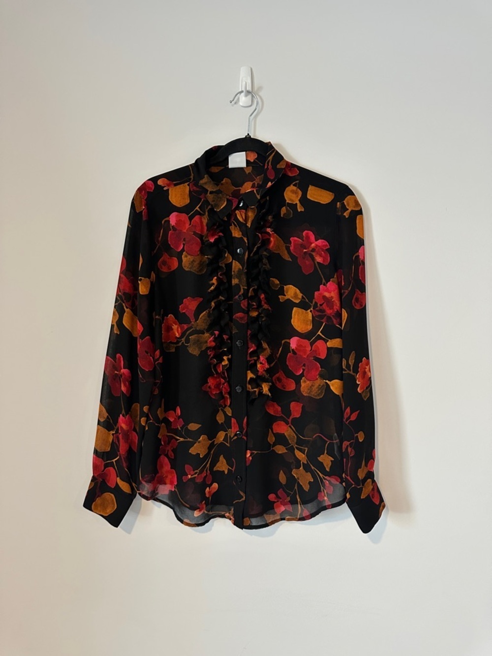 Gabi Sheer Floral Blouse Black Red Gold Ruffle Button Down Top Y2K Fall - Picture 3 of 15